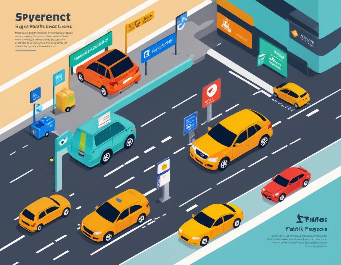 A visually appealing infographic illustrating various user-friendly payment methods for settling traffic offense fees. Include icons of credit/debit cards, mobile payment apps, and easy online platforms, surrounded by a calm traffic scene. Use bright colors to convey a sense of ease and modernity, capturing the essence of simplicity in payment solutions. vibrant colors. infographic style.