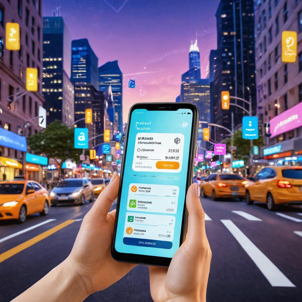 A serene scene featuring a person joyfully receiving a digital payment notification on their smartphone, surrounded by symbols of traffic citations like cars and tickets floating around them. The background showcases a vibrant cityscape, with glowing streetlights and soft pastel colors to evoke a sense of calm and satisfaction. Include floating icons of payment methods and simple graphs showing rising satisfaction. super-realistic. vibrant colors. 3D.