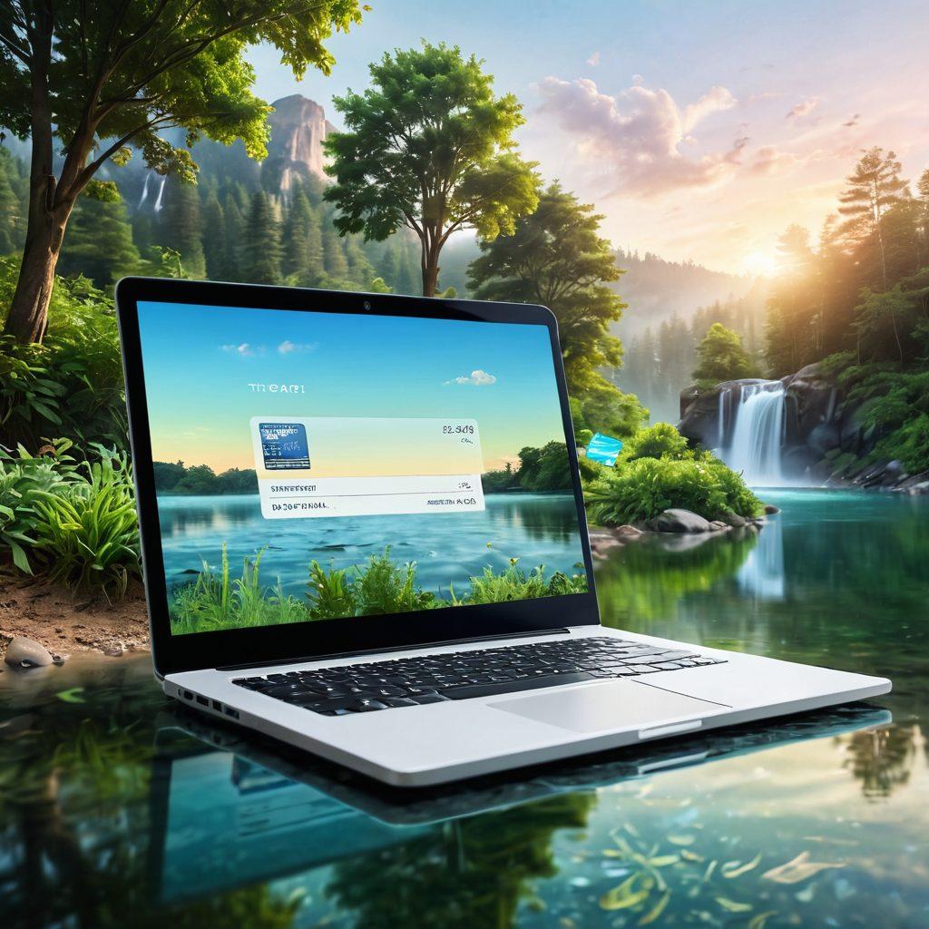 A serene digital landscape showcasing a laptop with a glowing ticket on the screen, surrounded by calm nature elements like greenery and soft flowing water. Include visual representations of hassle-free payments through digital icons, like credit cards and mobile wallets, floating around. Soft pastel colors to evoke a sense of tranquility and ease. super-realistic. vibrant colors.
